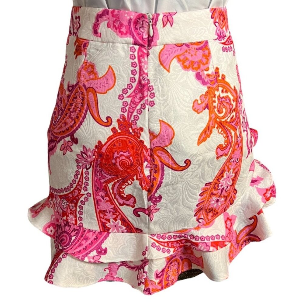 Shein Summer Paisley Ruffle Mini Skirt Size S White Pink & Orange - Picture 2 of 3